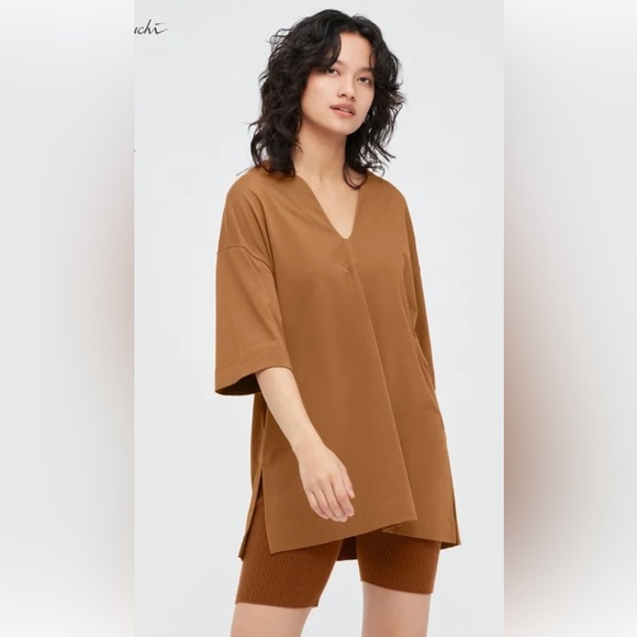 Uniqlo/Mame Kurogouchi AIRism Cotton Oversized Half Sleeve Tee in Brown,Small - Picture 1 of 9